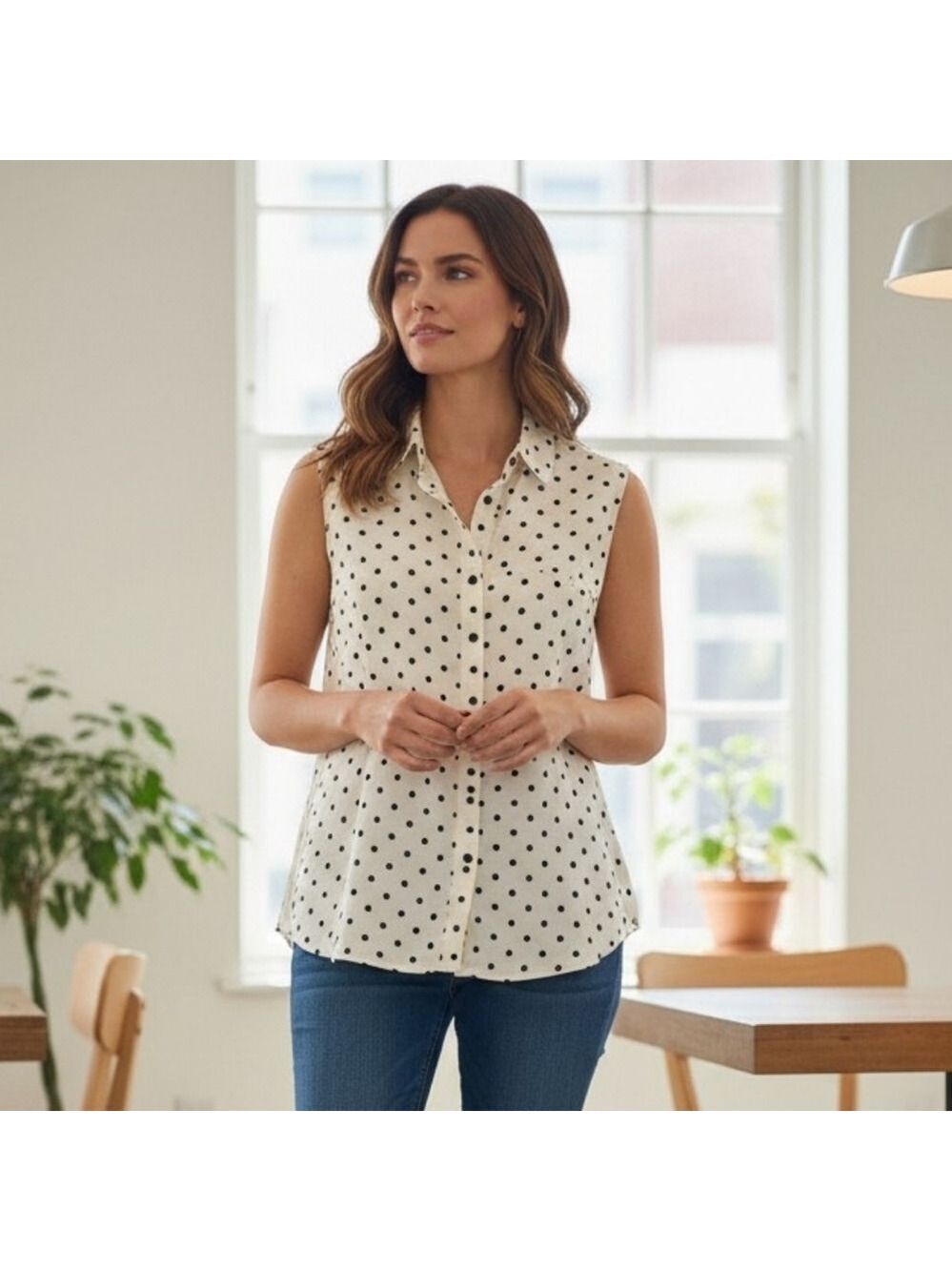 Anne Klein Cream and Black Polka Dot Button Down Shirt